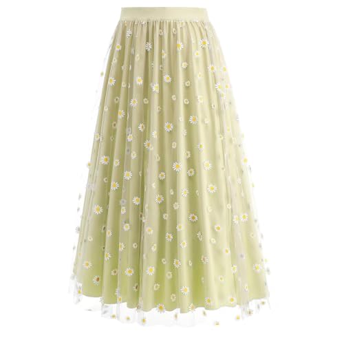 Womens Midi Tulle Skirt Daisy Embroidery Floral Layered Elastic High Waist Tutu Skirt Mesh A Line Fairy Skirts2