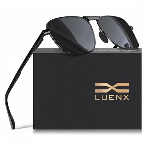 LUENX Men Rectangular Polarized Sunglasses Square Retro Shades - Black Lens Black Frame 59mm