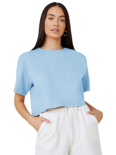 Image of KOTTY Women's Solid Cotton Blend Oversized Crop T-Shirt | Casual Summer Tee