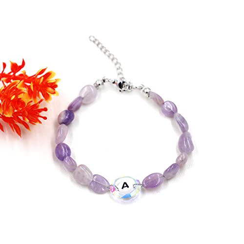 Image of Uloveido Purple Natural Stone and Austrian Crystal Letter Bracelet, Personalized Initial Jewelry for Women A-Z 26 Letters