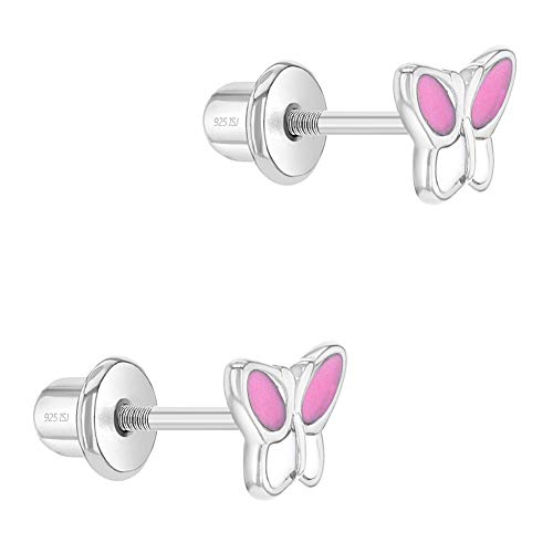 925 Sterling Silver Pink Enamel Butterfly Screw Back Earrings for Little Girls - Lovely Butterfly Screw Backs for Infants to Toddlers - Small Fashionable Butterflies Stud for Pretty Young Girls2