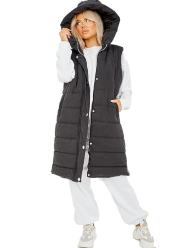 Image of janisramone® Hooded Quilted Jacket Womens, Ladies Gilet Long Coat, Padded Sleeveless Hoodie Women, Puffer Long Jackets for Women UK with Pockets, Ladies Gilets as Warmers for Women