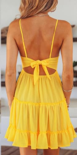 Image of ebossy Women's Sexy Boho V Neck Sleeveless Backless Lace Swing Mini Dress Spaghetti Straps Beach Vacation Sundress (S, Yellow)