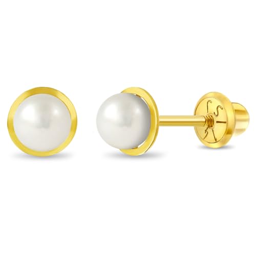 14k Yellow Gold Girl's White Cultured Pearl Bezel Set Screw Back Earring Studs - Cute Stud Earrings for Toddlers & Little Girls