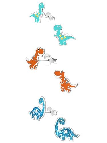 ICYROSE 925 Sterling Silver Set of 3 Pairs Assorted Dinosaur and Friends Stud Earrings (Nickel Free) T-rex, Tyrannosaurus, Brachiosaurus,