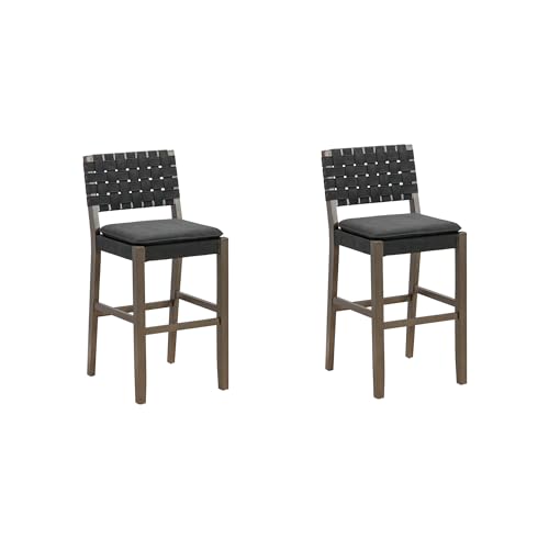 Image of Nathan James Cohen Mid-Century Modern 29 in. Wood Bar Stool, Upholstered Faux Suede Bar Height Stool with Solid Wood Frame, Black, Set of 2