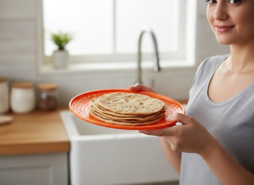 Image of Multi-Color Plastic Roti Tray with Ventilation Holes | Round Chapati Serving & Storage Plate | Lightweight & Durable Kitchen Bread Holder for Home & Dining Use (Pack of 1)