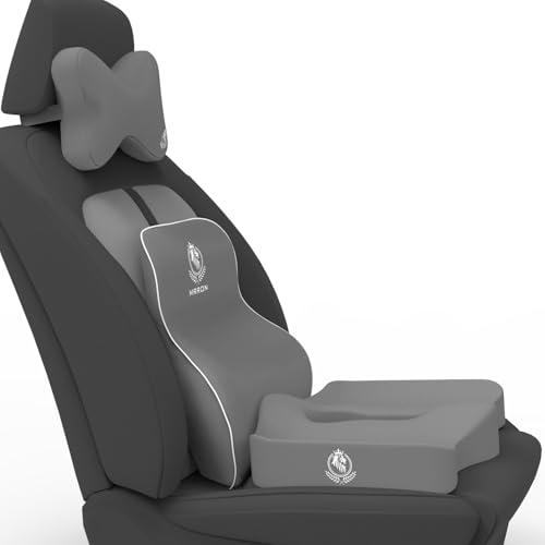 Image of MRRON Memory Foam Car Seat Cushion Combo - Backrest, Coccyx Cushion & Neckrest - Orthopedic Support for Back, Sciatica & Neck Pain - Ergonomic Comfort for Car, Office. (Grey, Long Back)