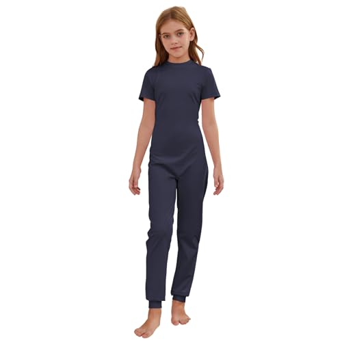 EEOST Adaptive Clothing For Kids With Special Needs Back Zip Jumpsuit Short Sleeve Rompers(Navy Blue 7-8N1)