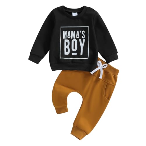 Image of Toddler Baby Boy Fall Winter Clothes Mamas Little Boy Outfit Letter Long Sleeve Sweatshirts and Jogger Pants Set