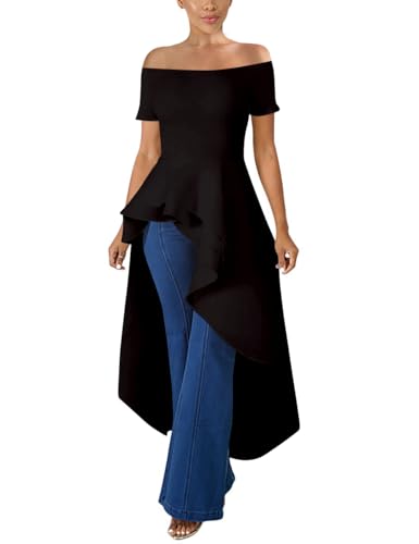 Lrady Womens Off Shoulder Tops High Low Short Sleeve Ruffle Peplum Tunic Party Blouse Casual Shirt Dress