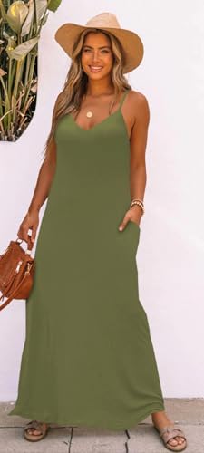 Image of Bluetime Women Summer Spaghetti Strap Maxi Dress V-Neck Sleeveless Flowy Boho Floral Beach Long Dress with Pockets
