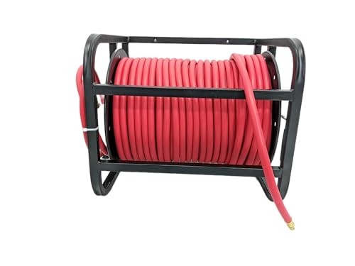 Image of Dolphy Steel Floor Mounted Air Hose Reel with 3 /8 in. x 90 Meter (295 FT) Rubber Hose-300 PSI(Black & Red)