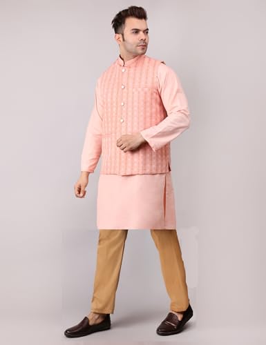 Image of Men's Cotton Silk Blend Regular Kurta Pyjama, Embroidered Nehru Jacket /Waistcoat Set