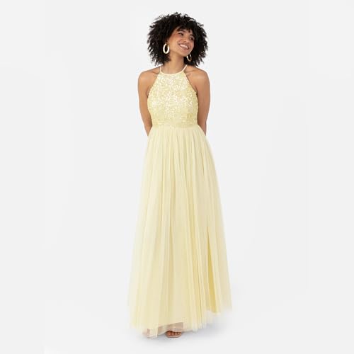 Maya Deluxe Damen Maya Deluxe Womens Ladies Bridesmaid Maxi Dress Halter Neck Sequin Embellished Prom Graduation Wedding Brautjungfernkleid, Lemon, 2