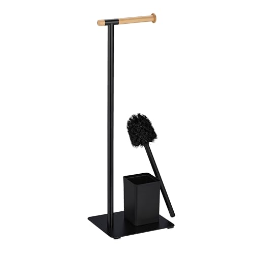 Image of Relaxdays WC Set, Bamboo, Stainless Steel, Free-Standing, incl. 2 Spare Heads, Toilet Roll & Brush Holder, Black /Natural, 64.5 x 22 x 18 cm