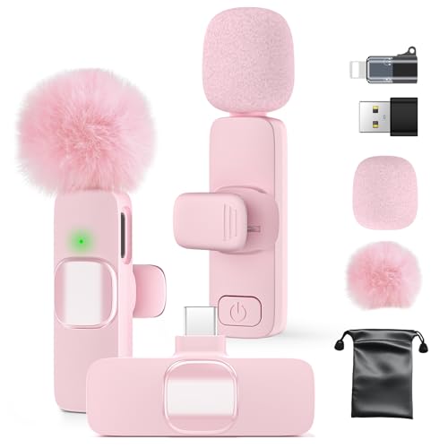 Mini Wireless Lavalier Microphone for iPhone 16/15/14/Android, Lapel Mic with Noise Reduction, 12H, 65ft, Pink Tiny Microphone Content Creator Interview for Vlog YouTube TikTok Recording (Pink)