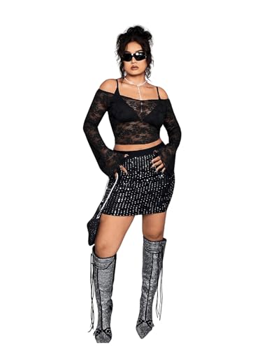 SHENHE Women's Plus Size Lace Tops Bell Sleeve Off The Shoulder Sexy Sheer Rave Crop Tops3