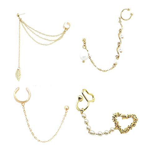 4 Pcs Chain Earrings Leaf Tassels Ear Heart Pearl Tassel Ear Crawler Earring Climber Multi Layered Studs Cuffs Ear Wrap Pin Vine Charm Clip On Jewelry