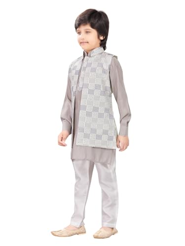 Kurta Pajama for Boys, Cotton Silk with Embroidered Nehru Jacket, Grey, kurta for Boys4