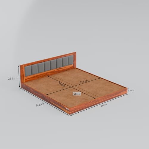 Image of Solid Wood Low Floor Bed with Upholstered Headboard | Modern Platform Bed Frame for Bedroom | Strong & Durable Wooden Bed with Cushion Backrest (Honey Finish)