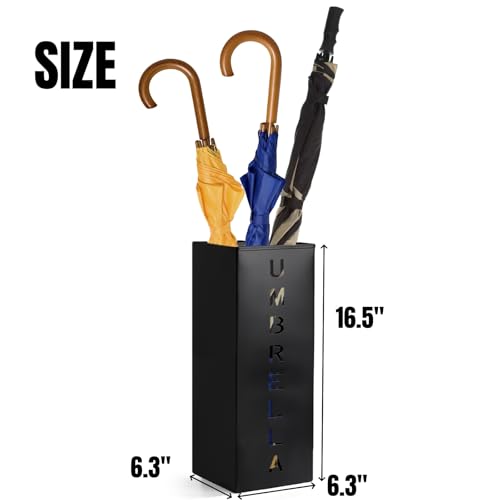 Hiceeden Square Metal Umbrella Holder, Free Standing Umbrella Rack Stand for Indoor Entryway, Umbrella Canes Walking Sticks Storage Bin for Office, Home, Hotel, Shop, 6.3" x 6.3" x 16.5", Black - Image 3