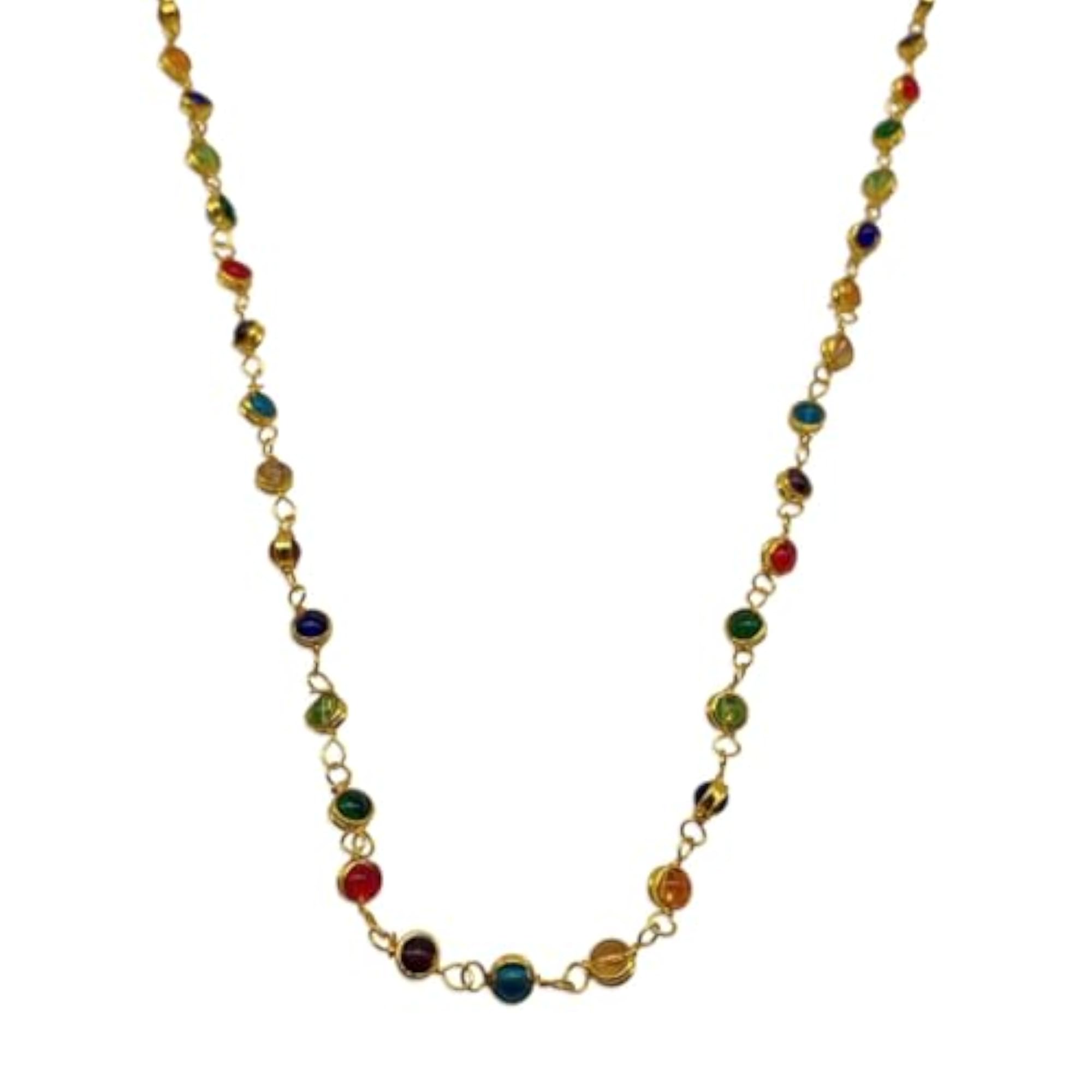 Gold Plated Long Necklace with Multicolor Stones, Fashionable