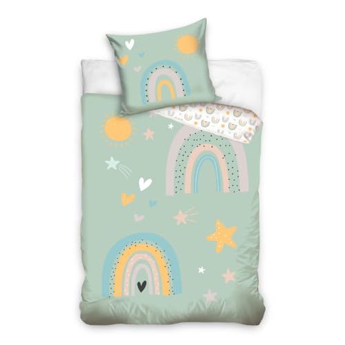 MTOnlinehandel Kinder Bettwäsche Set 135x200 80x80 cm · Regenbogen, Sonne, Sterne · 100% Baumwolle mit YKK Reißverschluss · sanft, weich für Mädchen und Jungen