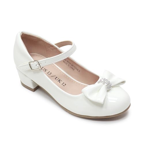 LseLom Girls White Dress Shoes Mary Jane Shoes for Girls Low Heel Hook and Loop Bowknot Flats for School Wedding Party