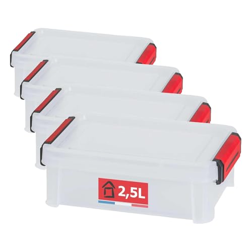 Sundis Clip'N Store, caja almacenaje con tapa, 2,5l de capacidad, plastico transparente, reforzado, apta para alimentos, paredes rectas, apilable y combinable (Paquete de 4)