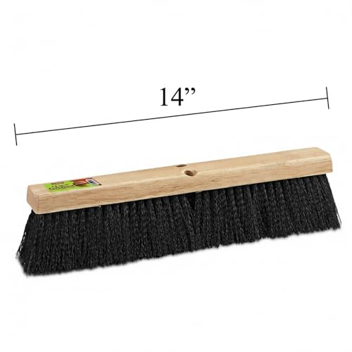 Image of Black Indoor Push Broom Head - Heavy Duty Hardwood Block - Polypropylene Bristles - Deck Scrub Brush - Two Threaded Handle Holes for Better Assist (14 inch)