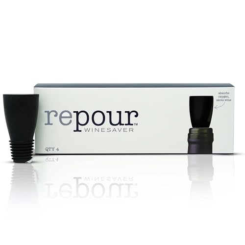 Repour Wine Saver and Stopper - Removes Oxygen, Preserving and Keeping Wine As Fresh As The Day The Bottle Was Opened - 4-Pack - Black