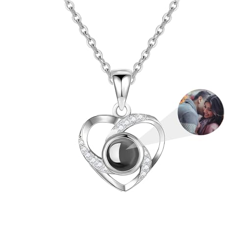 AVINVAN Photo Necklace 925 Sterling Silver Personalised Projection Necklace with Picture Inside Customised Jewellery Heart Pendant Present for Women Mum Girls Wife Birthday(Heart02-silver)