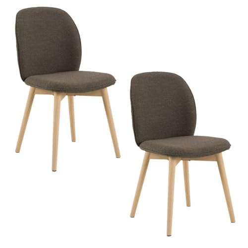 Toilinux.com Lot de 2 Chaises de Salle à Manger Tissu Bouclé Taupe Pieds Bois – Dossier Arrondi – L.56 x H.89 cm – Louise