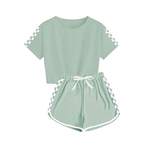 Coralup Kinder Trainingsanzug Mädchen 2tlg T-Shirts und Shorts Set Jogginganzug Freizeitanzug Hausanzüge Frauen Sportanzüge Schlafanzug für Sport und Freizeit L/10-12 Jahre (Grün) Cover