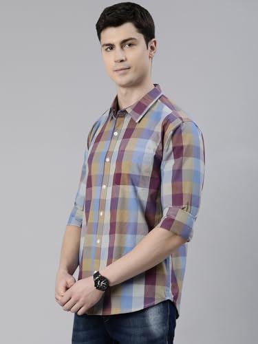 Image of JOVEN Men Slim Fit Pure Cotton Brown and Dark Green Casual Checked Shirt