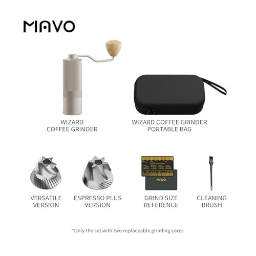 Image of MAVO Manual Coffee Grinder, Wizard Hand Coffee Grinder, Capacity 25g with 2PCS CNC Stainless Steel Conical Burr -Pentagon and Hexagonal, Burr Coffee Bean Grinder for French Press, Pour Over, Silver