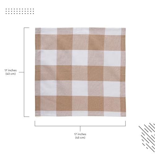 Image of Encasa XO Dining Table Napkins Set of 6, 43x43 cm | Machine Washable Reusable, Recycled Cotton Cloth Napkin, Soft & Absorbent, Table Decor for Hotels, Farmhouse - White & Buffalo Beige Checks