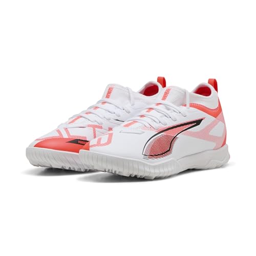 PUMA Ultra 5 Match TT + MID JR, Unisex Fussballschuh, PUMA White-PUMA Black-Glowing RED,