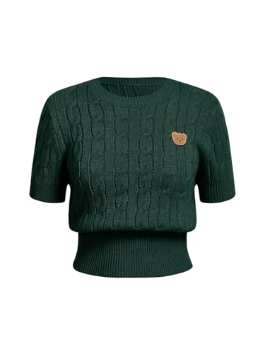 Verdusa Women's Cable Knit Pullovers Round Neck Short Sleeve Sweater Top