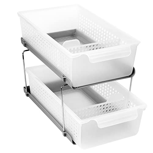 JRing Kitchen Cupboard Organiser, 2-Tier Sliding Storage Basket with Handle Bath Collection Box Space Saving Shelf - White