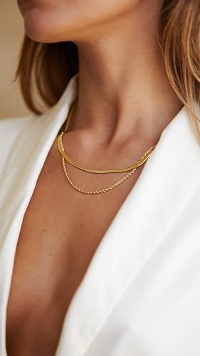 CONRAN KREMIX Waterproof Gold Plated Herringbone Chain Stack Necklaces for Women,Non Tarnish Thin Rope Chain Dainty Stainless Steel Layered Necklace Set for Women Gifts Jewelry2