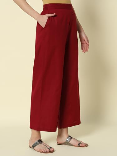 Image of FIORRA Womens Loose Mid Rise Cotton Solid Palazzo