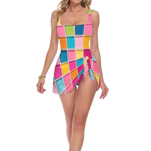 Maillot de bain avec jupe motif bloc de verre rose pour un look balnéaire artistique