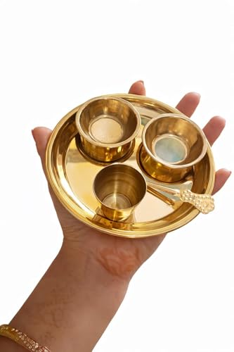 Image of CyberKavish Brass Puja Bhog Thali Bartan Set for Kanha /Laddu Gopal, 5 Pieces, 5 Inch /12 cm Diameter, Golden Finish, Traditional Design