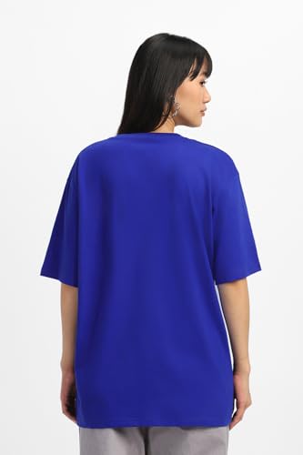 Image of JUNEBERRY Pure Cotton Oversized Drop Shoulder Brand Logo Typography Print Round-Neck Baggy Fit T-Shirt for Women (Available in Navy, Green & Pink Colors)
