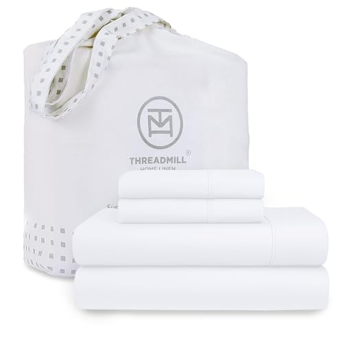 Image of Threadmill 300 Thread Count Cotton King Sheet Set, Sateen, Solid, White | 100% Cotton, Sateen Weave, 4-Piece Set, 16 inch Deep Pocket, Cooling, Breathable, All-Season, Lightweight, OEKO-TEX Certified