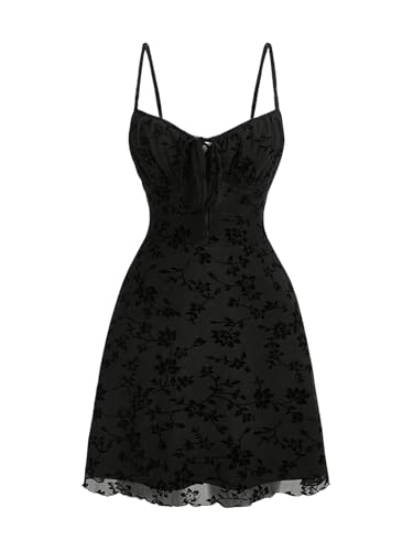 Verdusa Women's Floral Print Short Cami Dress Tie Front Lettuce Trim Mesh Sleeveless A Line Dresses