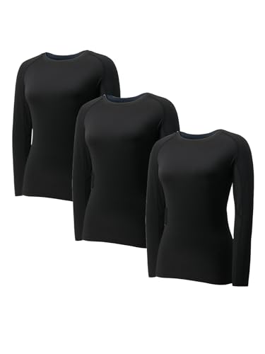 YUSHOW Pack de 3 Camisetas de Compresión de Manga Larga para Mujer, Camiseta Deportiva Funcional, para Fitness, Running, Gimnasio, Jogging, Transpirable, L