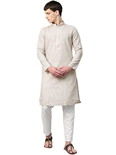 Image of Manthan Self Design Striped Full Sleeves Art Silk Kurta for Men